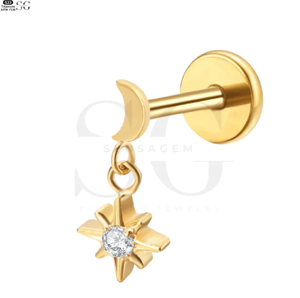 SGYS1138 Titanium Moon & Star Dangle Labret Piercing Jewelry - Image 3