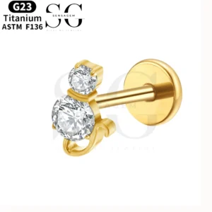 SGYS1101 Titanium Labret Stud with Dangling Double Zircons