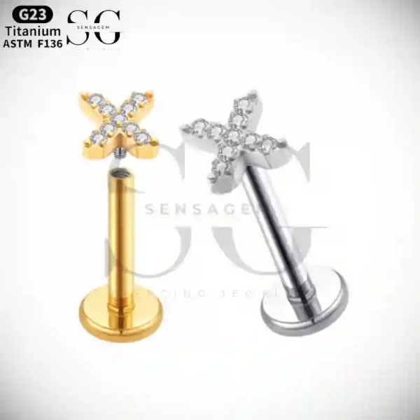 SGYS1171 X-Shaped Titanium Labret with Zircon – Piercing Jewelry Bulk