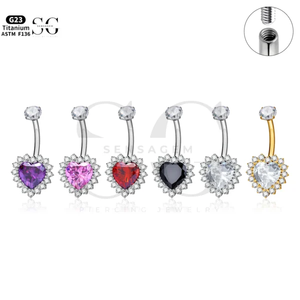 SG6035 Titanium Heart CZ Button Belly Piercing Jewelry