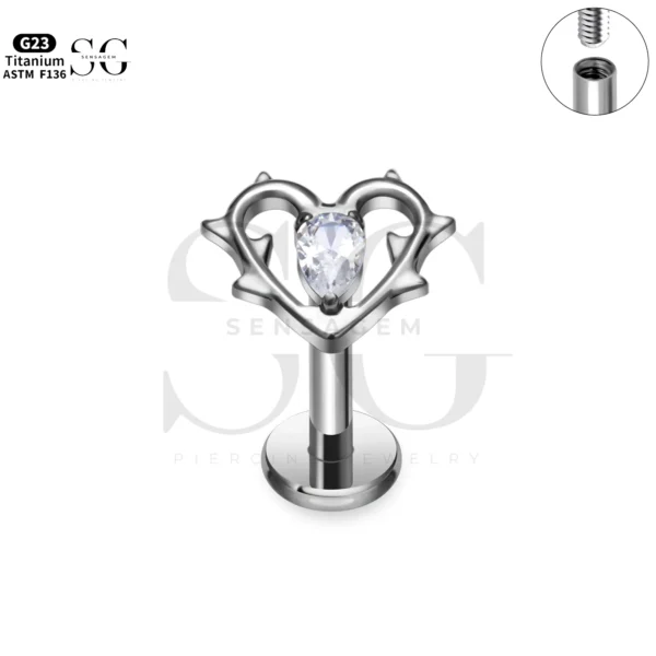 SG4301 Branch Heart Labret Piercing Stud Titanium-White Zircon