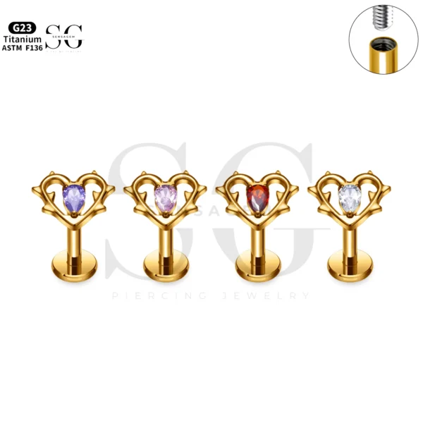 SG4301 Branch Heart Labret Piercing Stud Titanium Gold-different color zircon