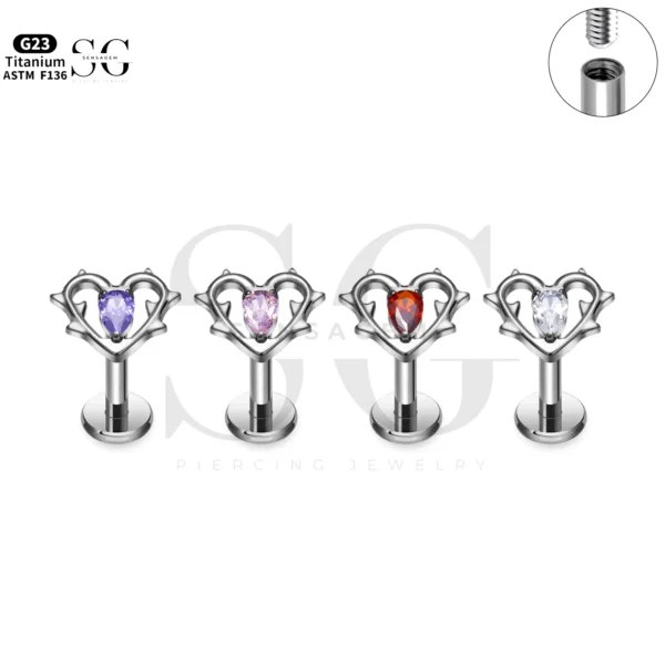 SG4301 Branch Heart Labret Piercing Stud Titanium -different color zircon