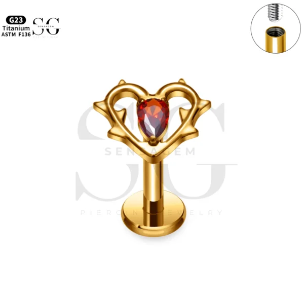 SG4301 Branch Heart Labret Piercing Stud Titanium Gold-Red Zircon