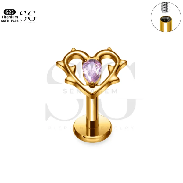 SG4301 Branch Heart Labret Piercing Stud Titanium Gold-Pink Zircon