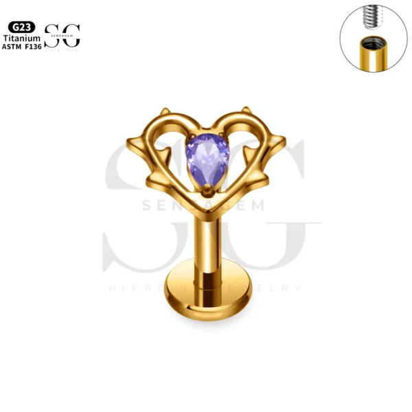 SG4301 Branch Heart Labret Piercing Stud Titanium Gold-Purple Zircon