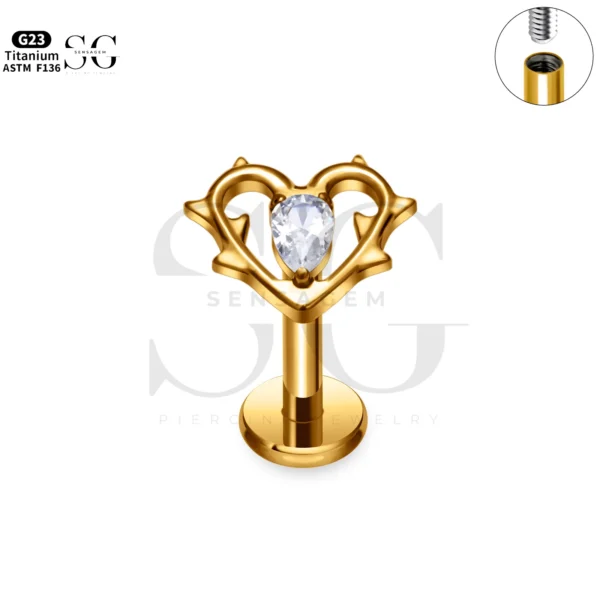 SG4301 Branch Heart Labret Piercing Stud Titanium Gold-White Zircon