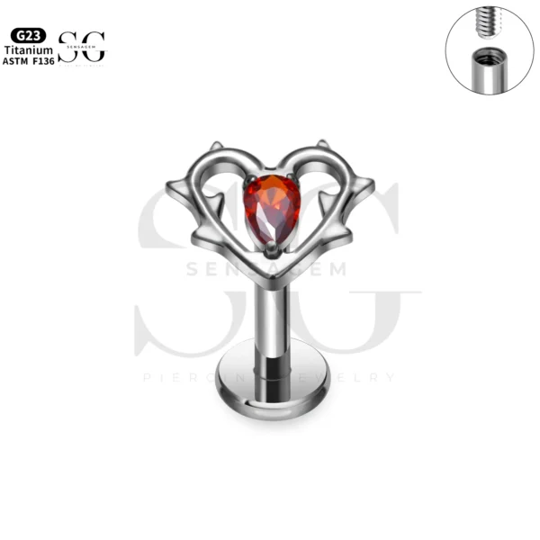 SG4301 Branch Heart Labret Piercing Stud Titanium-Red Zircon