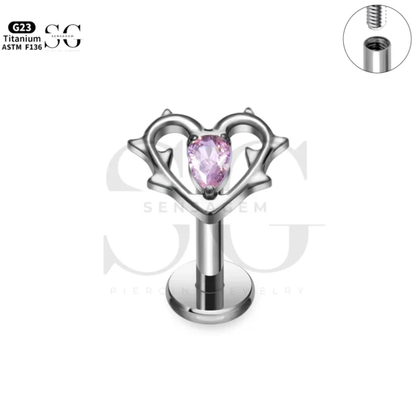SG4301 Branch Heart Labret Piercing Stud Titanium-Pink Zircon