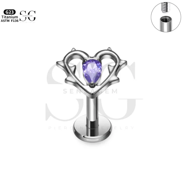 SG4301 Branch Heart Labret Piercing Stud Titanium-Purple Zircon