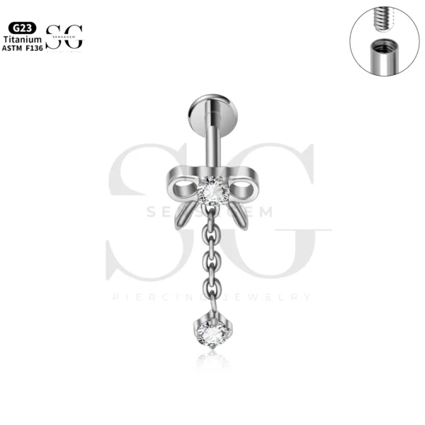SG4284 Titanium Lip Labret Piercing with Bow Zircon Dangle - Image 2