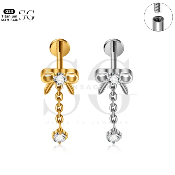 SG4284 Titanium Lip Labret Piercing with Bow Zircon Dangle