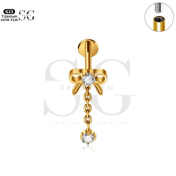 SG4284 Titanium Lip Labret Piercing with Bow Zircon Dangle - Image 3