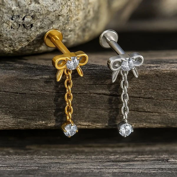 SG4284 Titanium Lip Labret Piercing with Bow Zircon Dangle
