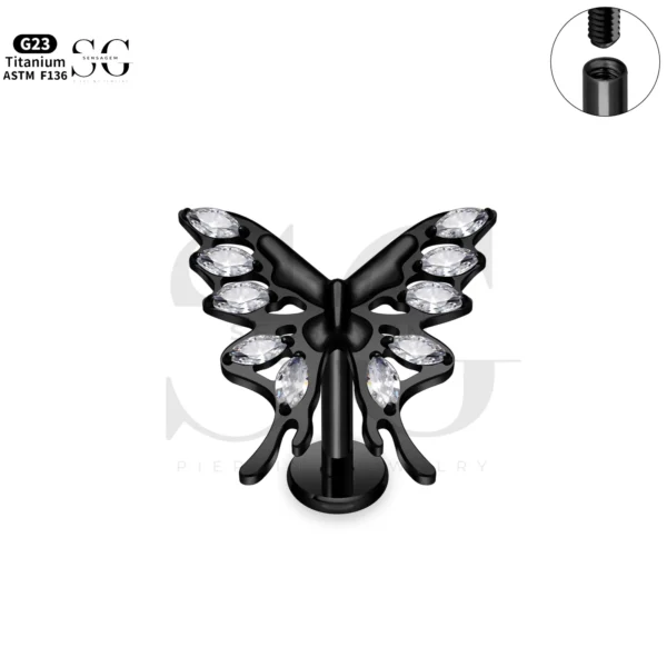SG4300 Butterfly Zircon Flat Labret Piercing in Titanium - Image 2