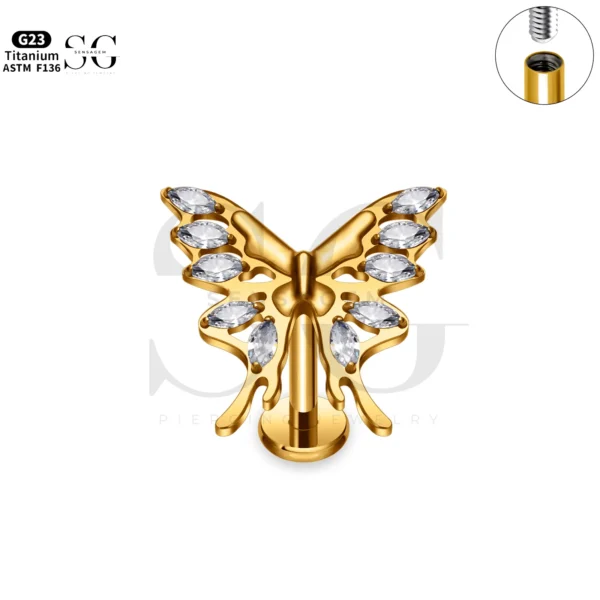 SG4300 Butterfly Zircon Flat Labret Piercing in Titanium - Image 4