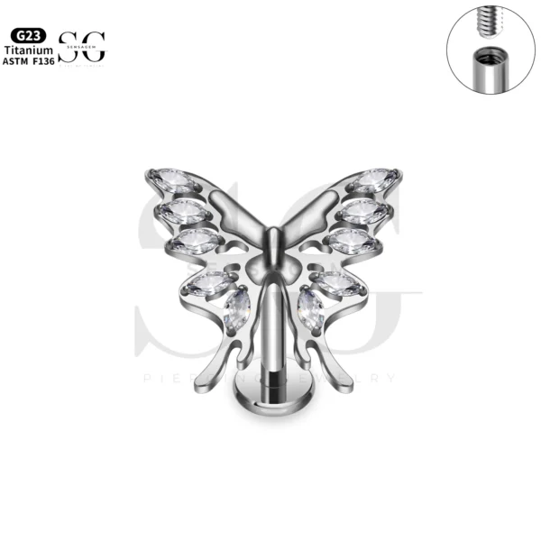 SG4300 Butterfly Zircon Flat Labret Piercing in Titanium - Image 6