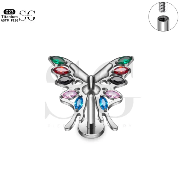 SG4300 Butterfly Zircon Flat Labret Piercing in Titanium - Image 7