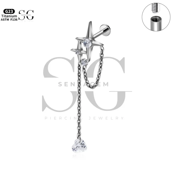 SG4329 Internally Threaded Titanium Labret Piercing with Zircon - Customizable Heart, Star, Teardrop, Round Designs - Image 9