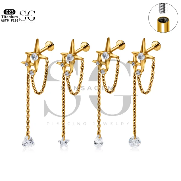 SG4329 Internally Threaded Titanium Labret Piercing with Zircon - Customizable Heart, Star, Teardrop, Round Designs - Image 10
