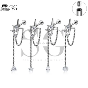 SG4329 Internally Threaded Titanium Labret Piercing with Zircon - Customizable Heart, Star, Teardrop, Round Designs