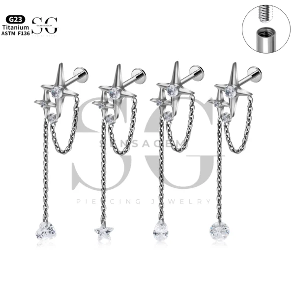 SG4329 Internally Threaded Titanium Labret Piercing with Zircon - Customizable Heart, Star, Teardrop, Round Designs