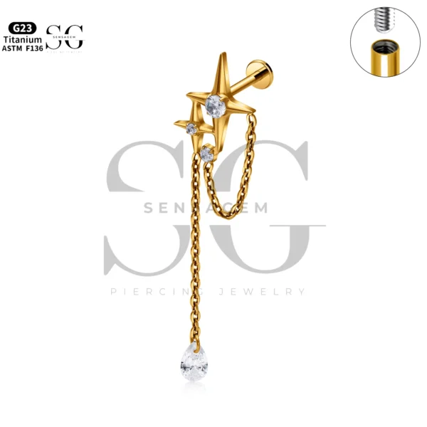 SG4329 Internally Threaded Titanium Labret Piercing with Zircon - Customizable Heart, Star, Teardrop, Round Designs - Image 3