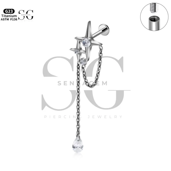 SG4329 Internally Threaded Titanium Labret Piercing with Zircon - Customizable Heart, Star, Teardrop, Round Designs - Image 7