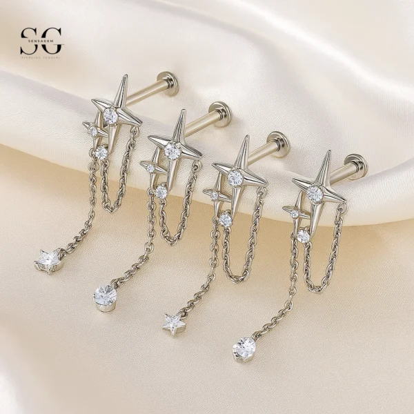 SG4329 Internally Threaded Titanium Labret Piercing with Zircon - Customizable Heart, Star, Teardrop, Round Designs