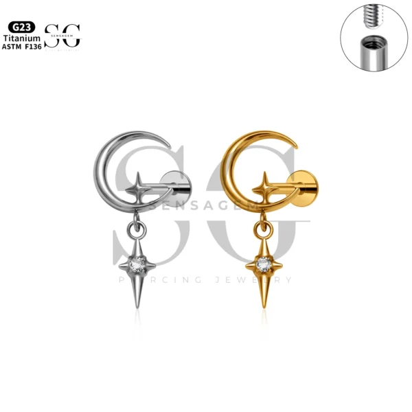 Sensagem SG4331 G23 Titanium Internally Threaded Moon & Star Dangle Labret