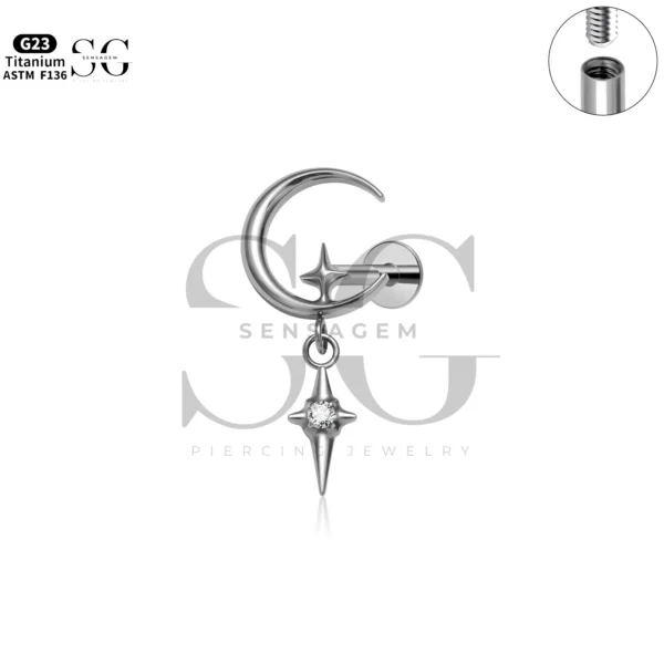 Sensagem SG4331 G23 Titanium Internally Threaded Moon & Star Dangle Labret - Image 2