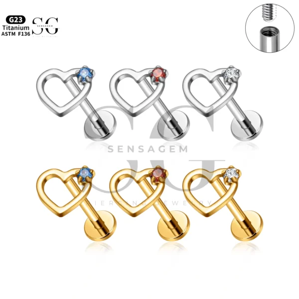Sensagem SG4337 G23 Titanium Internally Threaded Open Heart Labret with Zircon