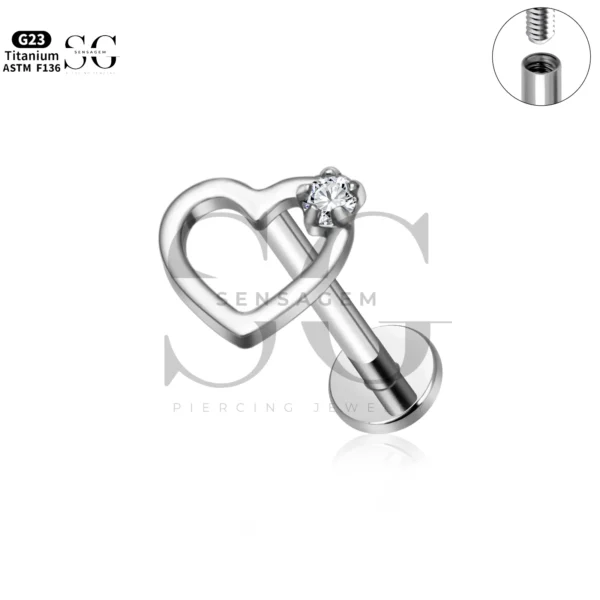 Sensagem SG4337 G23 Titanium Internally Threaded Open Heart Labret with Zircon - Image 5