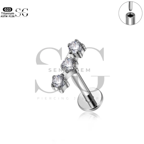 Sensagem SG4345 G23 Titanium Threadless Labret with Prong-Set Zircon Trio - Image 2