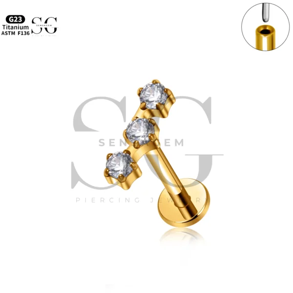 Sensagem SG4345 G23 Titanium Threadless Labret with Prong-Set Zircon Trio - Image 3