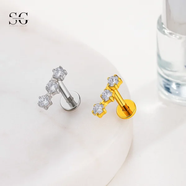 Sensagem SG4345 G23 Titanium Threadless Labret with Prong-Set Zircon Trio