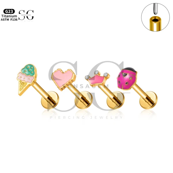 Sensagem SG4346 G23 Titanium Threadless Labrets with Playful Enamel & Zircon Tops