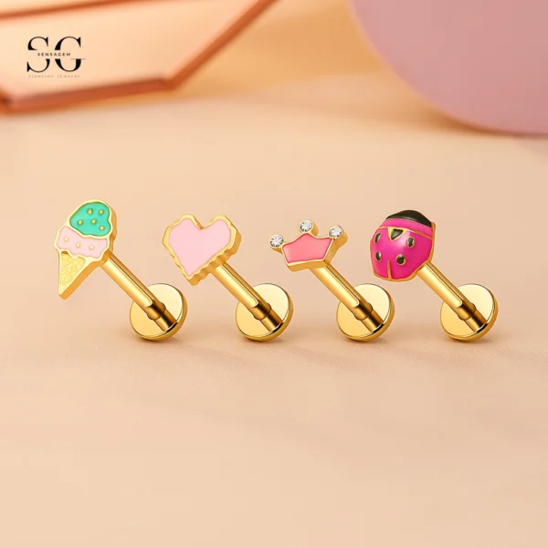 Sensagem SG4346 G23 Titanium Threadless Labrets with Playful Enamel & Zircon Tops