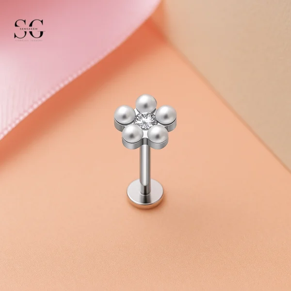 Sensagem SG4352 G23 Titanium Threadless Labret with Pearl Cluster Flower Top