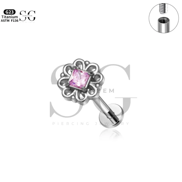 Sensagem SG4358 G23 Titanium Internally Threaded Flower Bezel Labret with Pink Zircon