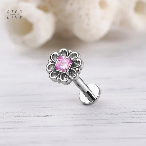 Sensagem SG4358 G23 Titanium Internally Threaded Flower Bezel Labret with Pink Zircon