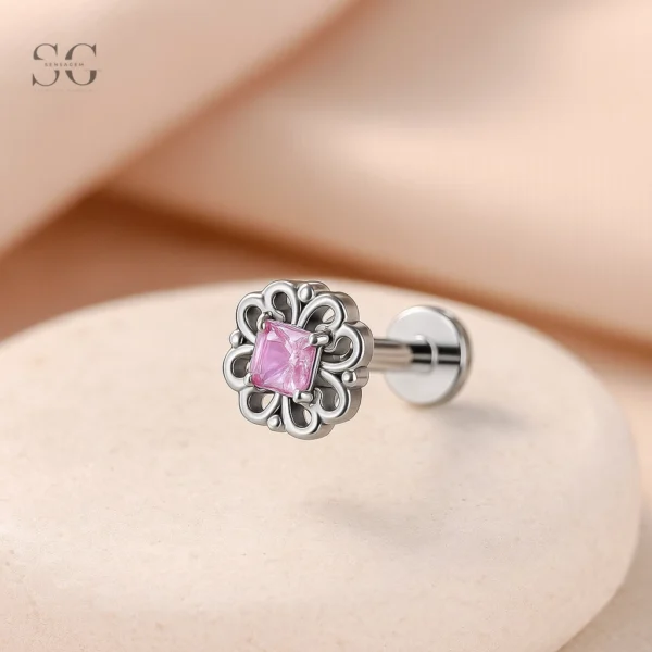 Sensagem SG4358 G23 Titanium Internally Threaded Flower Bezel Labret with Pink Zircon
