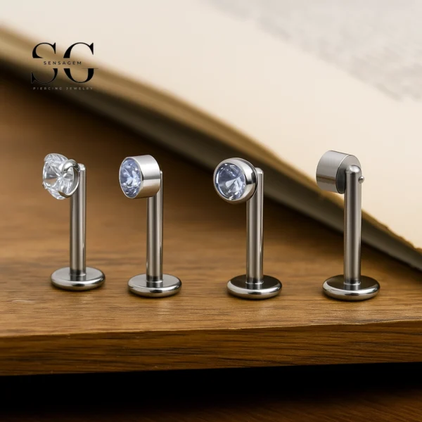 Sensagem SG4370 G23 Titanium Internally Threaded Labret with White Zircon Tops