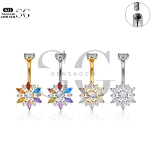 Sensagem SG6054 G23 Titanium Dangle Belly Button Ring with Starburst Zircon Cluster