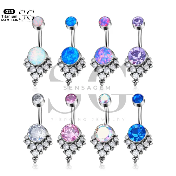 Sensagem SG6055 G23 Titanium Dangle Belly Button Ring with Opal & Zircon Gemstone Drop