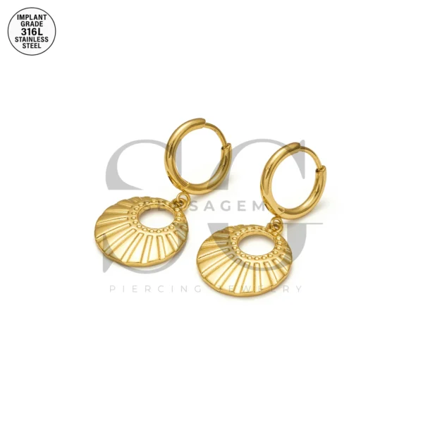 SG9083 Fan Hollow Dangle Ear Hoops – 316L Stainless Steel Gold