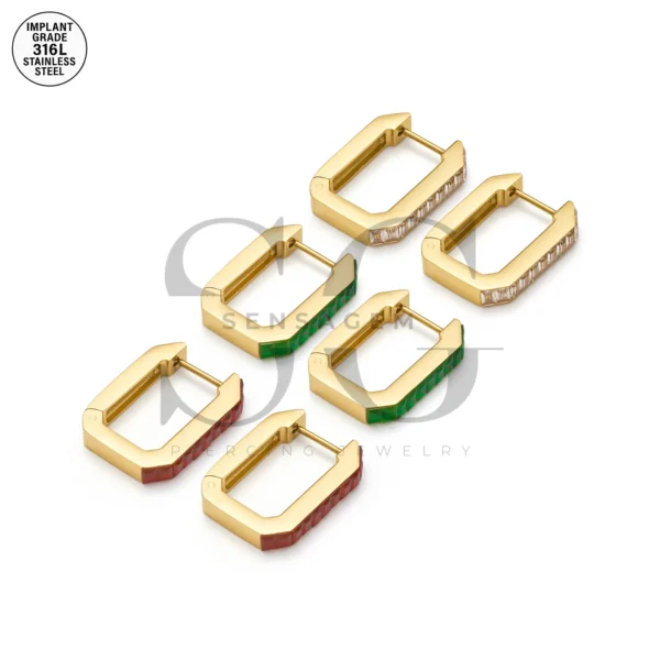 SG9065 Square Zircon Hoops – Full Ear Piercing Jewelry in 316L