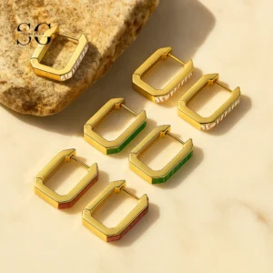 SG9065 Square Zircon Hoops – Full Ear Piercing Jewelry in 316L