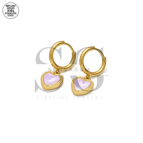 SG9068 Heart Gem Drop Hoops – Gold Steel Ear Piercing Cartilage - Image 2