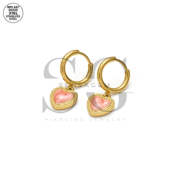 SG9068 Heart Gem Drop Hoops – Gold Steel Ear Piercing Cartilage - Image 3